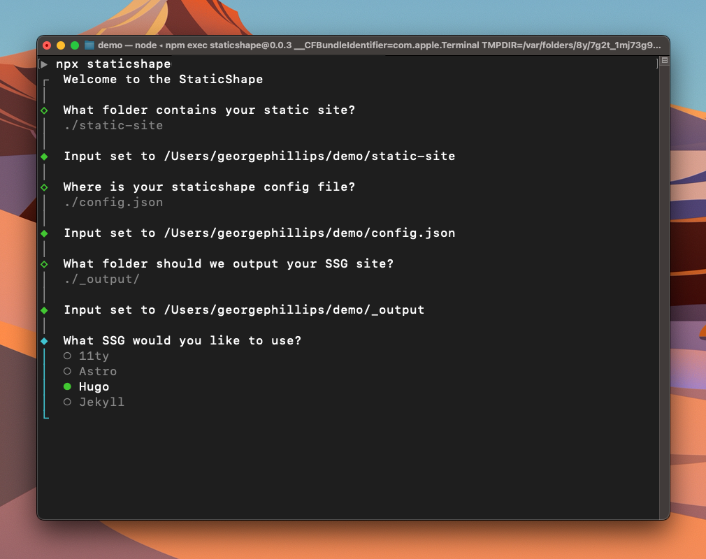 A screenshot of a terminal running staticshape with the listed prompts